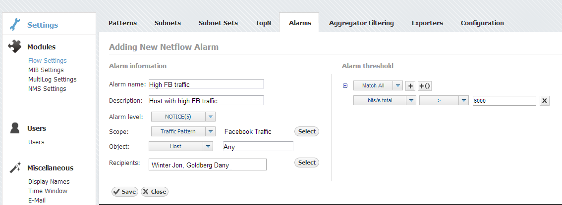 NetVizura NetFlow - Traffic Alarm Configuration