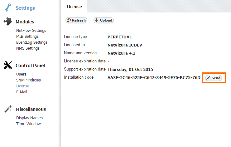 NetVizura License panel