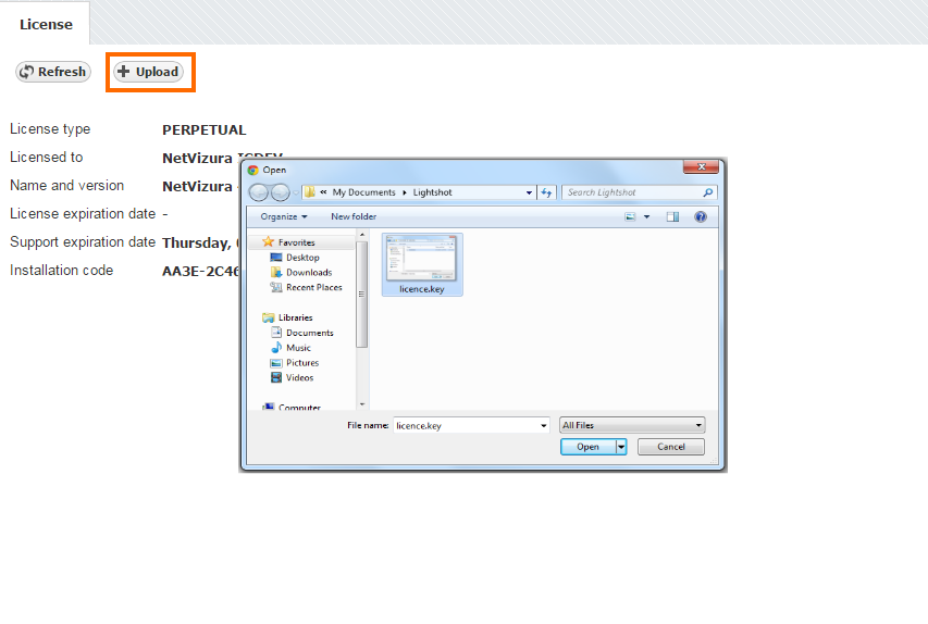NetVizura LIcense key upload